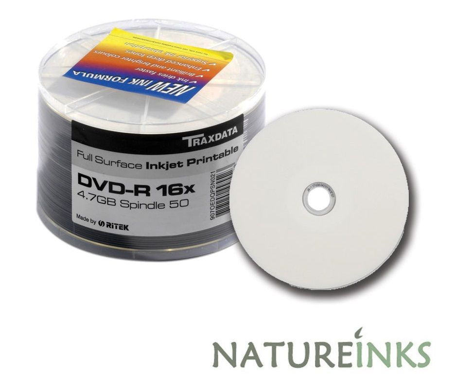 50 Traxdata Full Face White Inkjet Printable Blank DVD R 16x 4 7GB